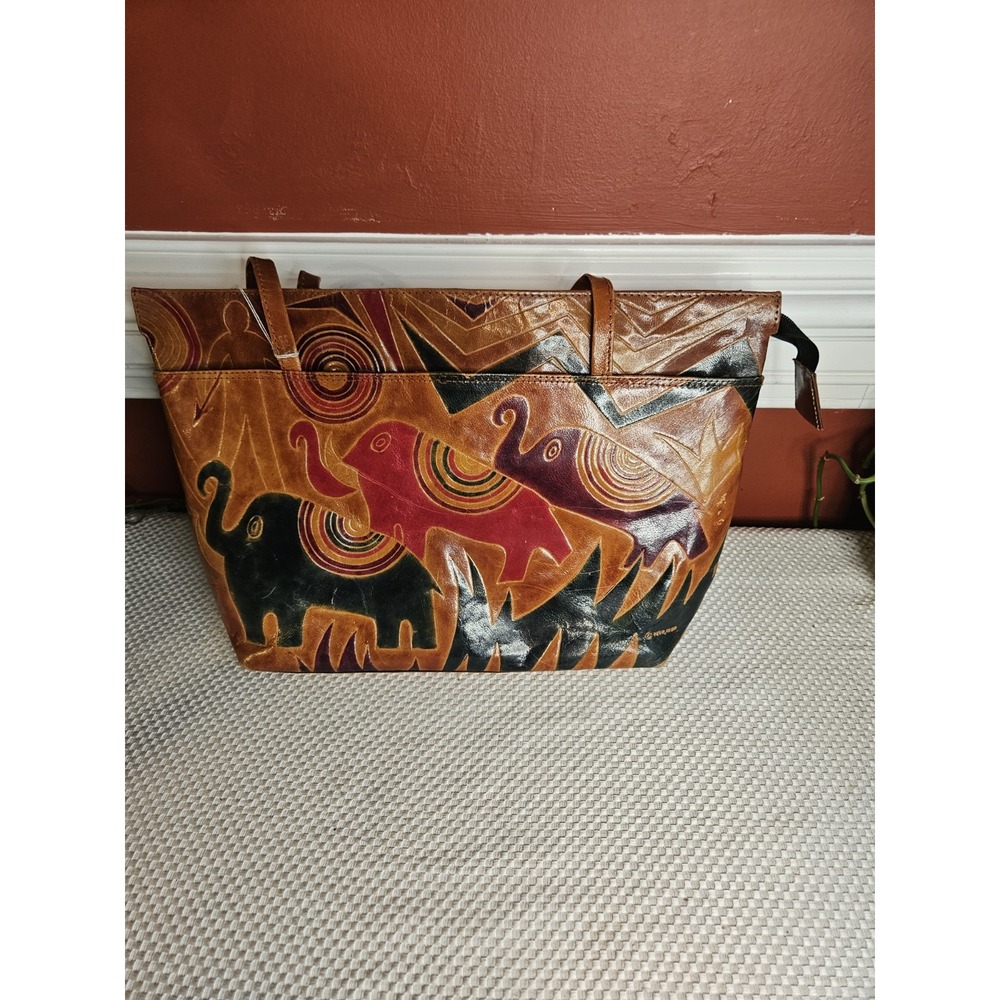 Vintage Leather Purse Emily Ann of Boca Raton Embossed Tote Bag Boho Elephant.